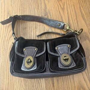 Coach Suede & Leather Double Pocket Shoulder Bag - Dark Brown